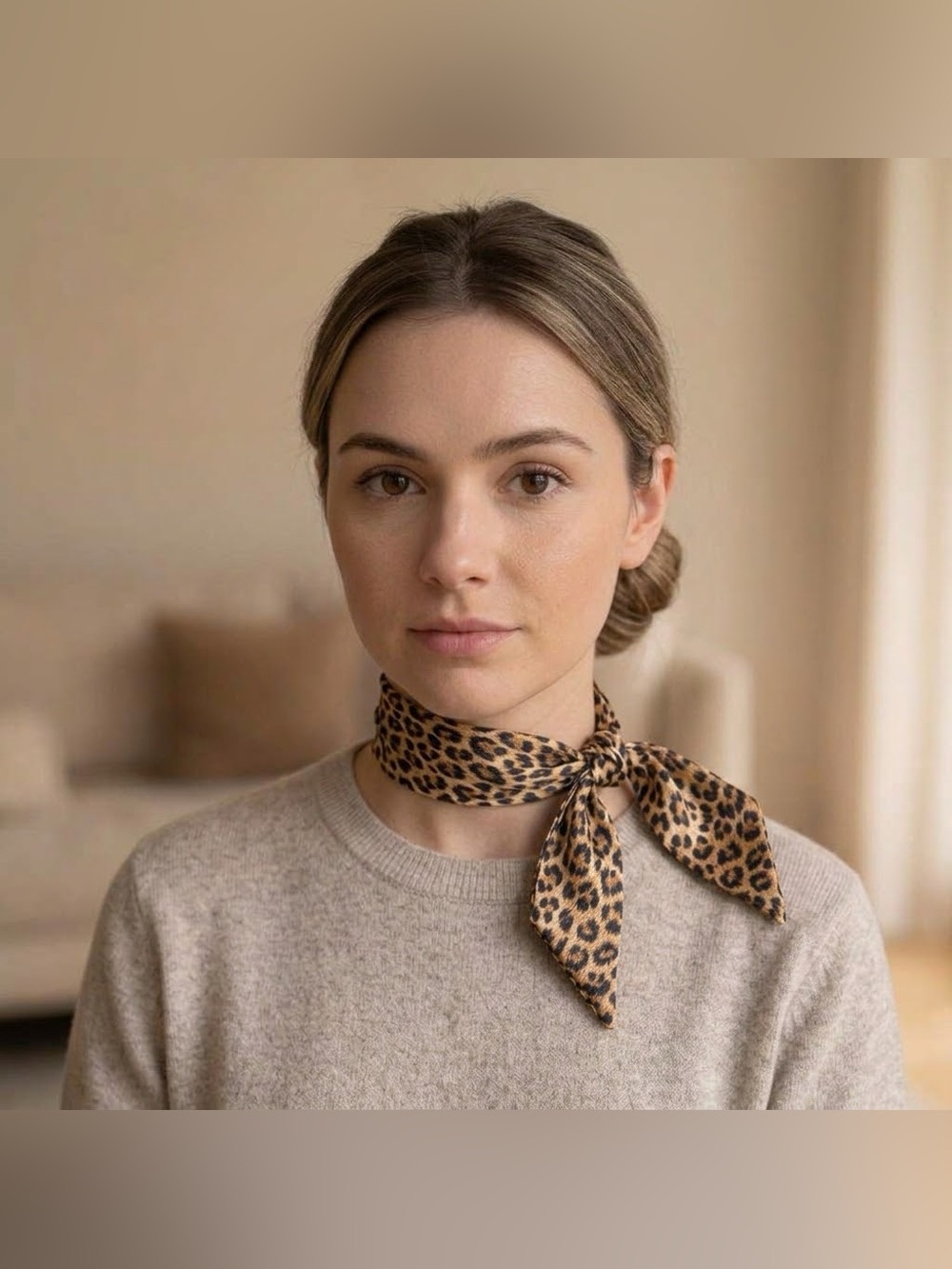 Leopard Print Twilly Scarf Hair Satin Silky Soft Brown and Gray Tones Set of 2